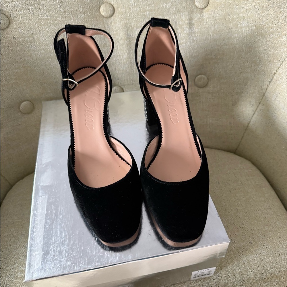 J.Crew Maise Studded Heels Black Velvet EUC 6 $268 Mary Jane Block Heel - Picture 3 of 5